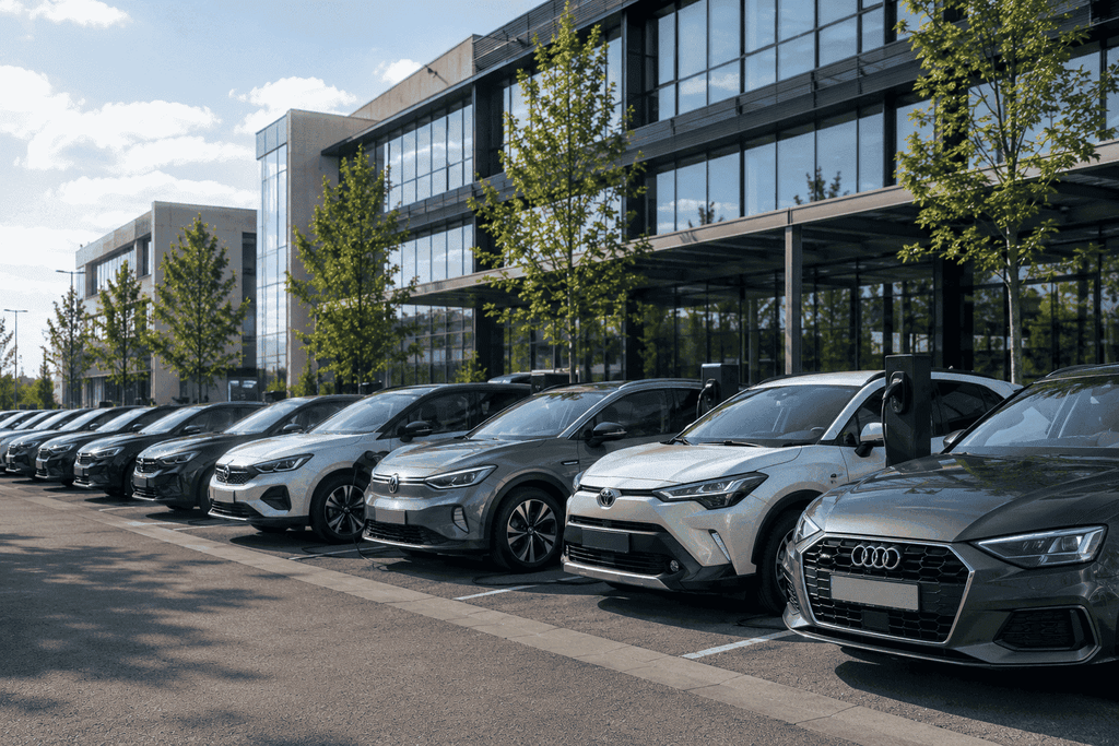 Parking entreprise avec voiture Audi, Toyota et Volkswagen