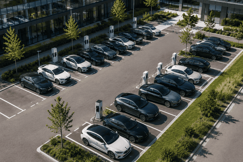 Parking d'entreprise avec bornes de recharge pour véhicules électriques