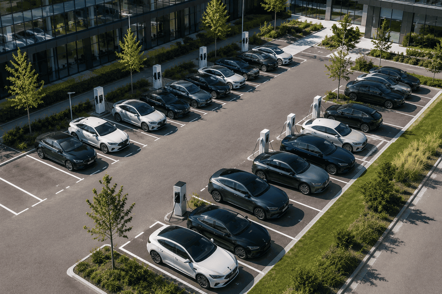 Parking d'entreprise avec bornes de recharge pour véhicules électriques