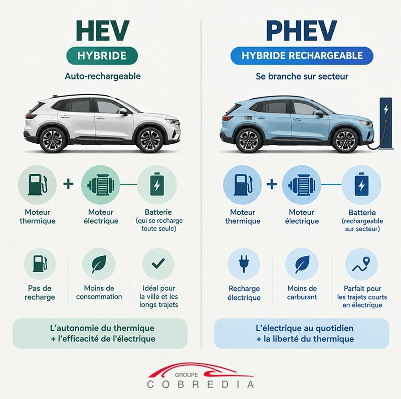 Infographie montrant les différences entre un véhicule HEV et PHEV