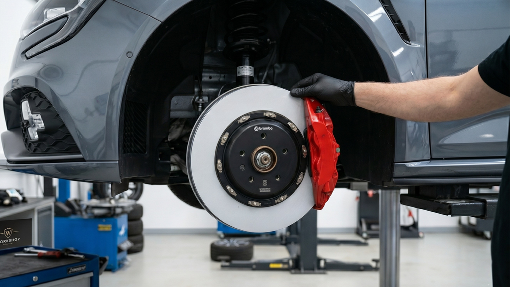 Renault Minute. Mécanicien installant un nouveau disque de frein et un étrier rouge sur un véhicule en atelier Renault Minute.