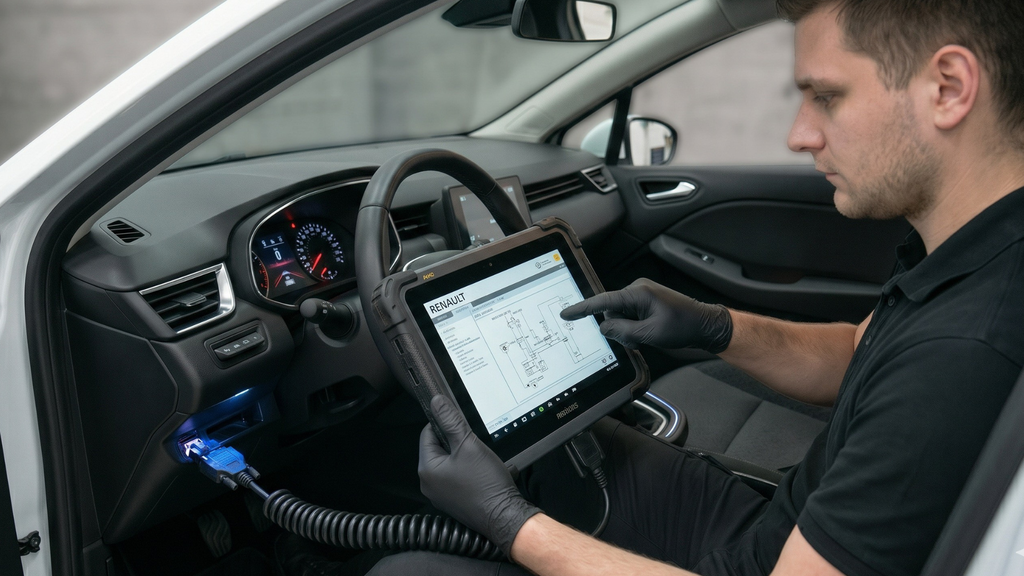 Renault Minute. Expert automobile réalisant un diagnostic électronique avec une tablette branchée au tableau de bord d'une voiture.