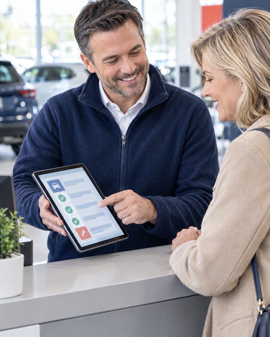 Conseiller Vauban présentant la check-list de révision à une cliente