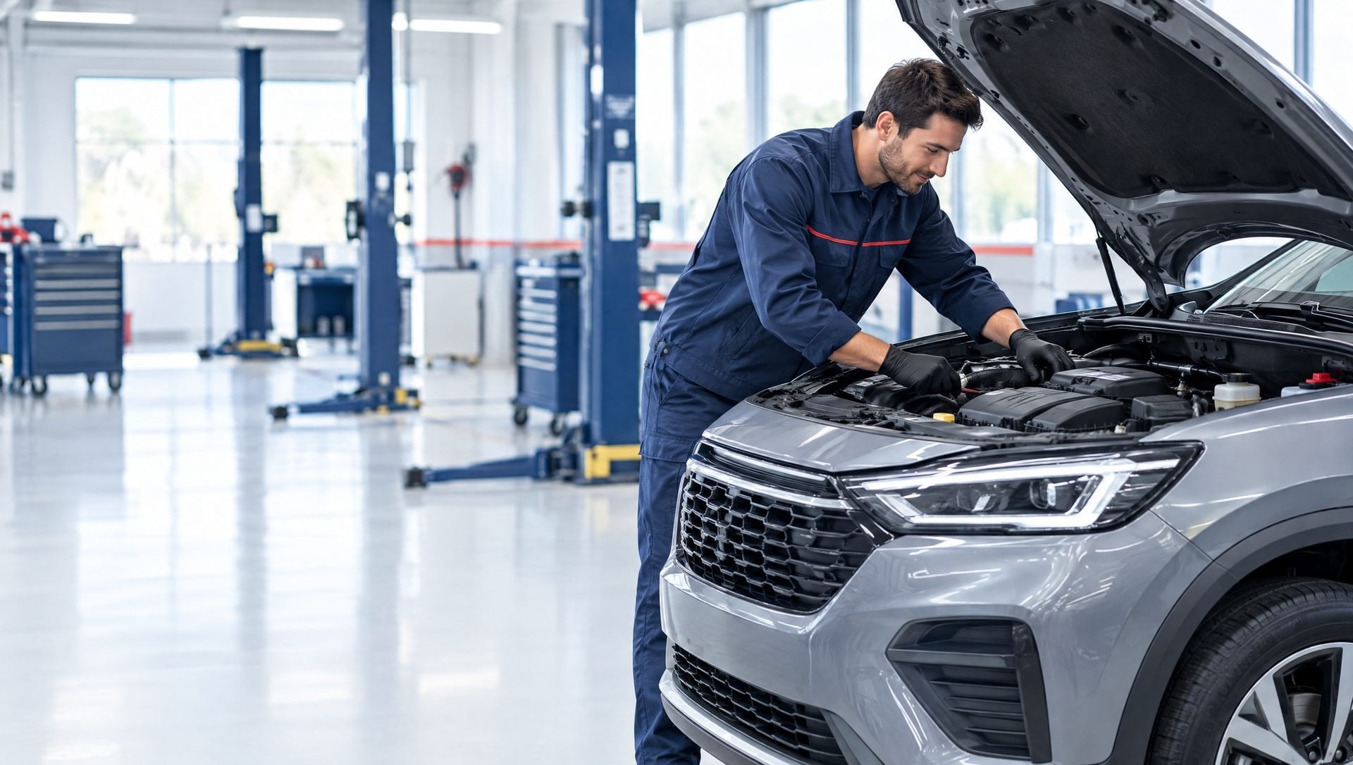 Technicien Vauban contrôlant le moteur d'un véhicule en atelier