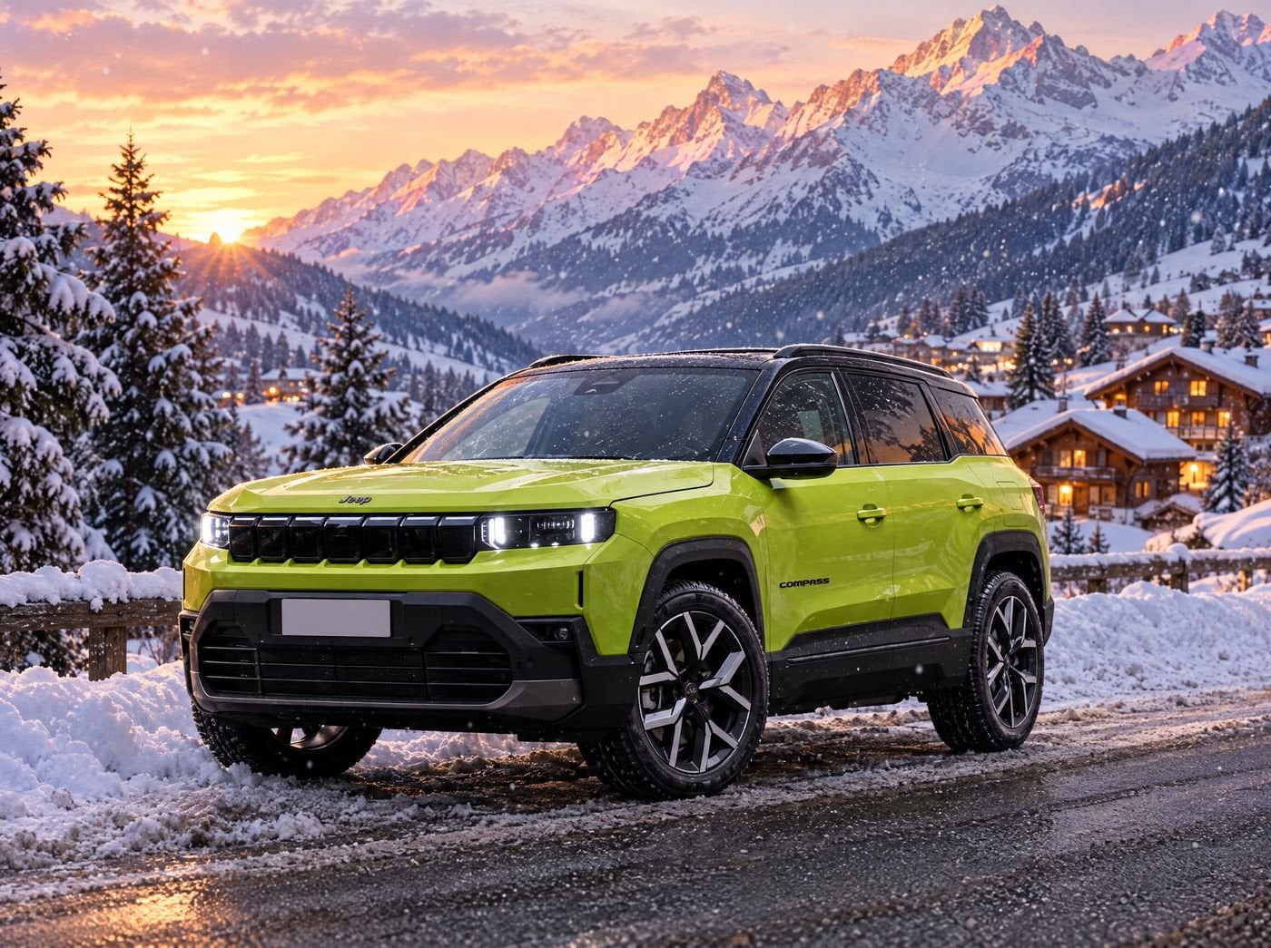 Jeep Compass stationné sur une route de montagne enneigée au lever du soleil