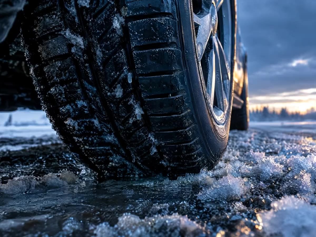 Pneu à l’arrêt sur une route couverte de neige fondue