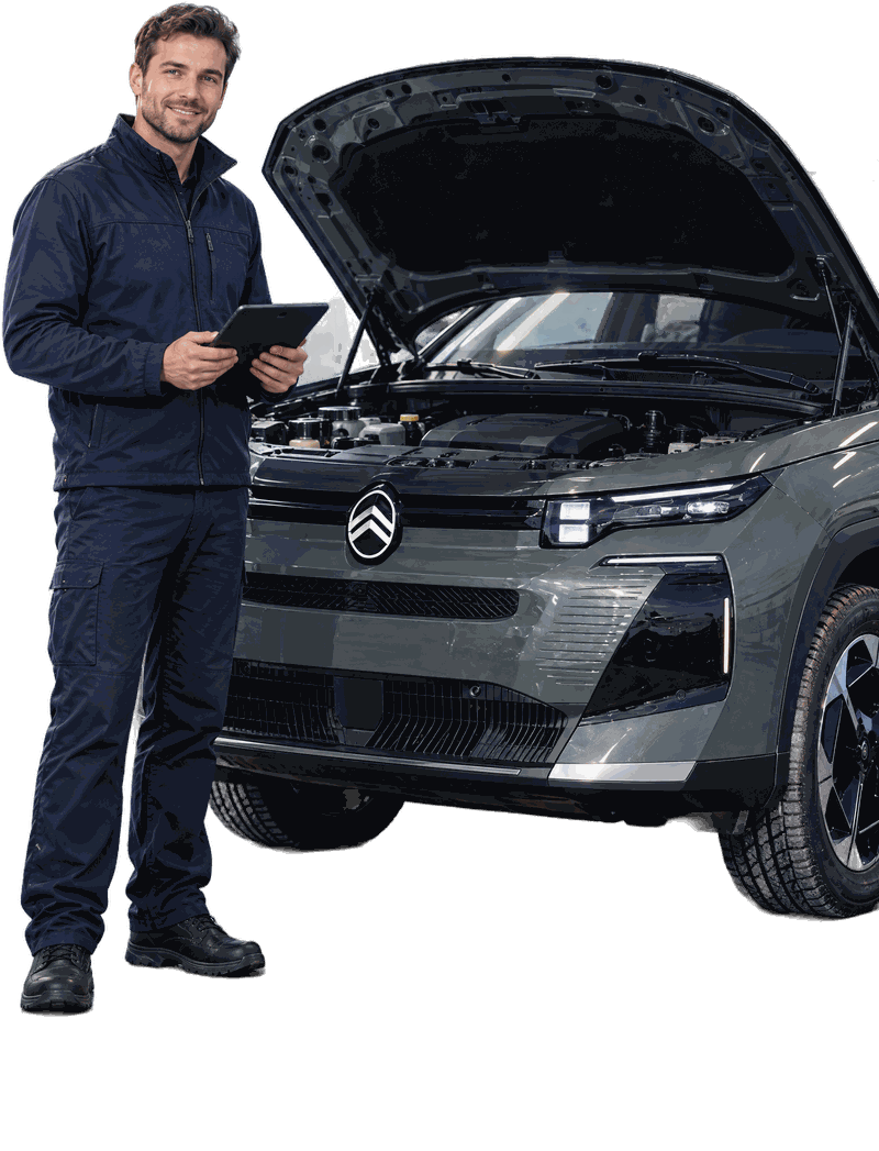 Technicien d’un atelier VAUBAN à côté d’un Citroën C5 Aircross capot ouvert