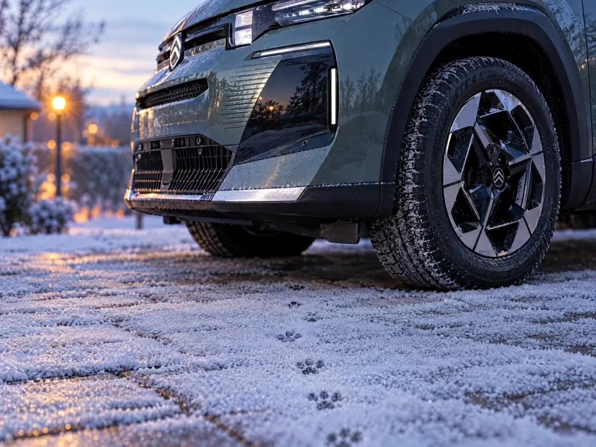 Traces de pattes dans le givre menant sous l’avant d’une voiture