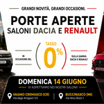 Porte aperte Domenica 14 Giugno tasso 0% su gamma Dacia e Renault