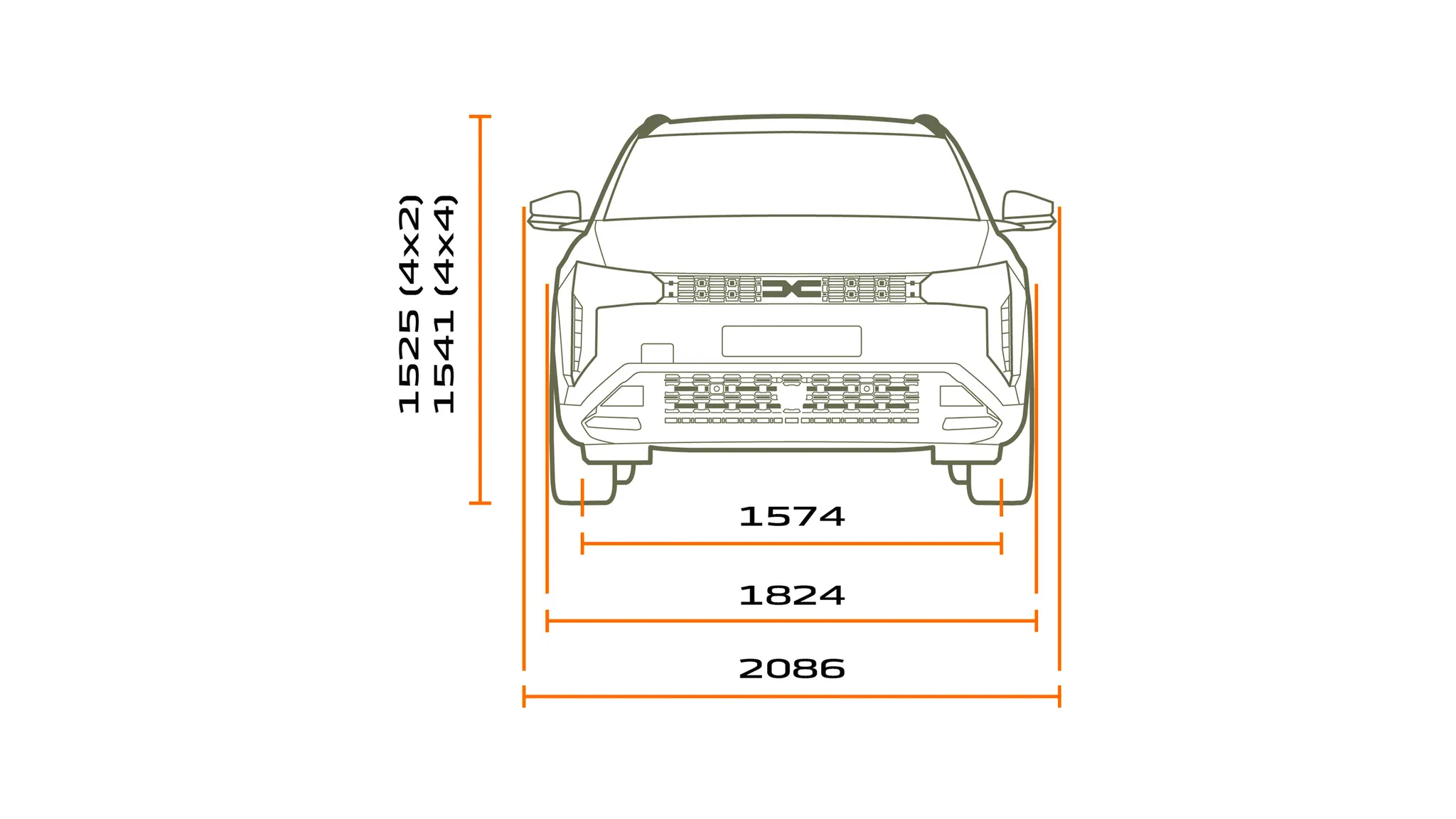 Misure Dacia Striker, vista frontale: larghezza 1.824 mm senza specchietti, 2.086 mm con specchietti aperti e altezza 1.525 mm per la 4×2