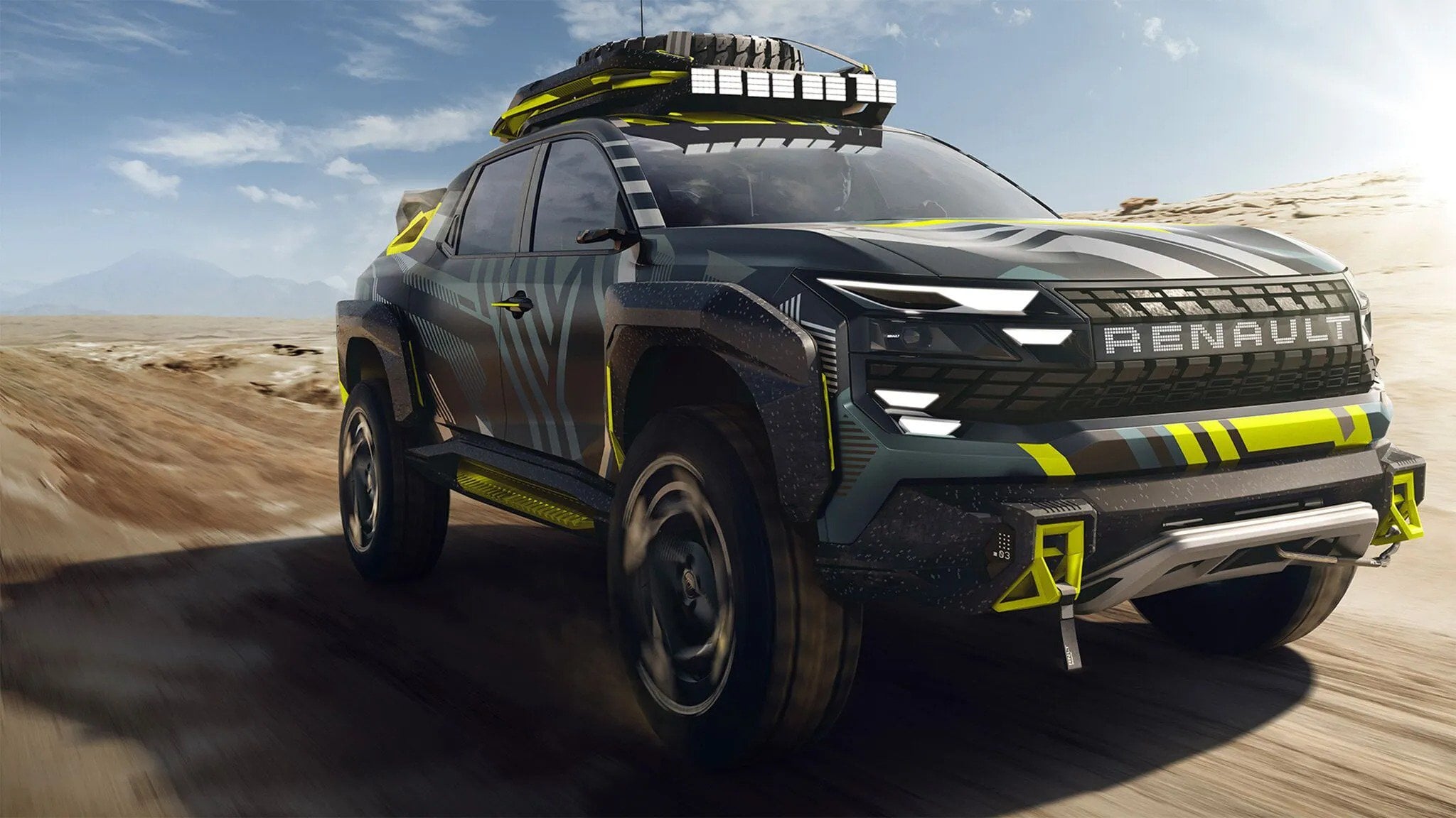 Renault Niagara Concept in movimento su sterrato nel deserto, vista tre quarti anteriore
