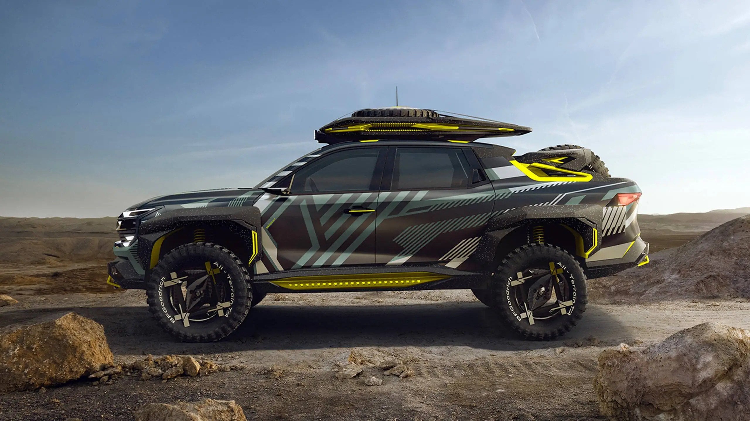 Renault Niagara Concept, vista laterale della show car con pneumatici all-terrain e portapacchi