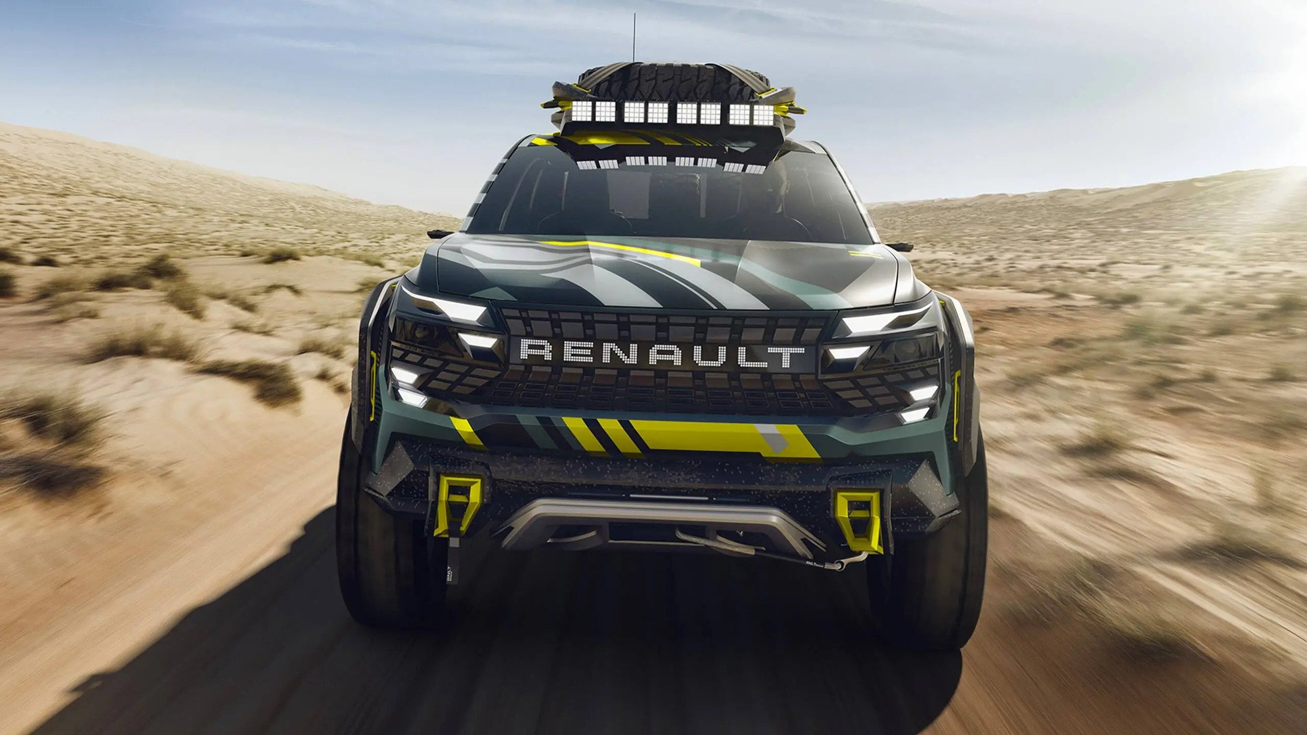 Frontale del Renault Niagara Concept con barra LED sul tetto e scritta Renault illuminata sulla calandra