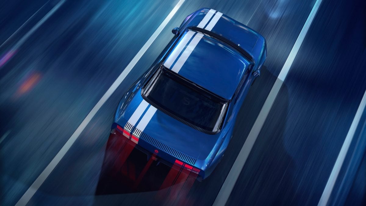 Doppia striscia bianca Gordini sulla Renault 8 Gordini Concept vista dall’alto
